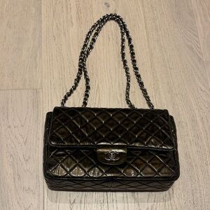 Chanel Classic Flap Bag – Dark Greem Quilted Patent Leather w/ Chain Strap